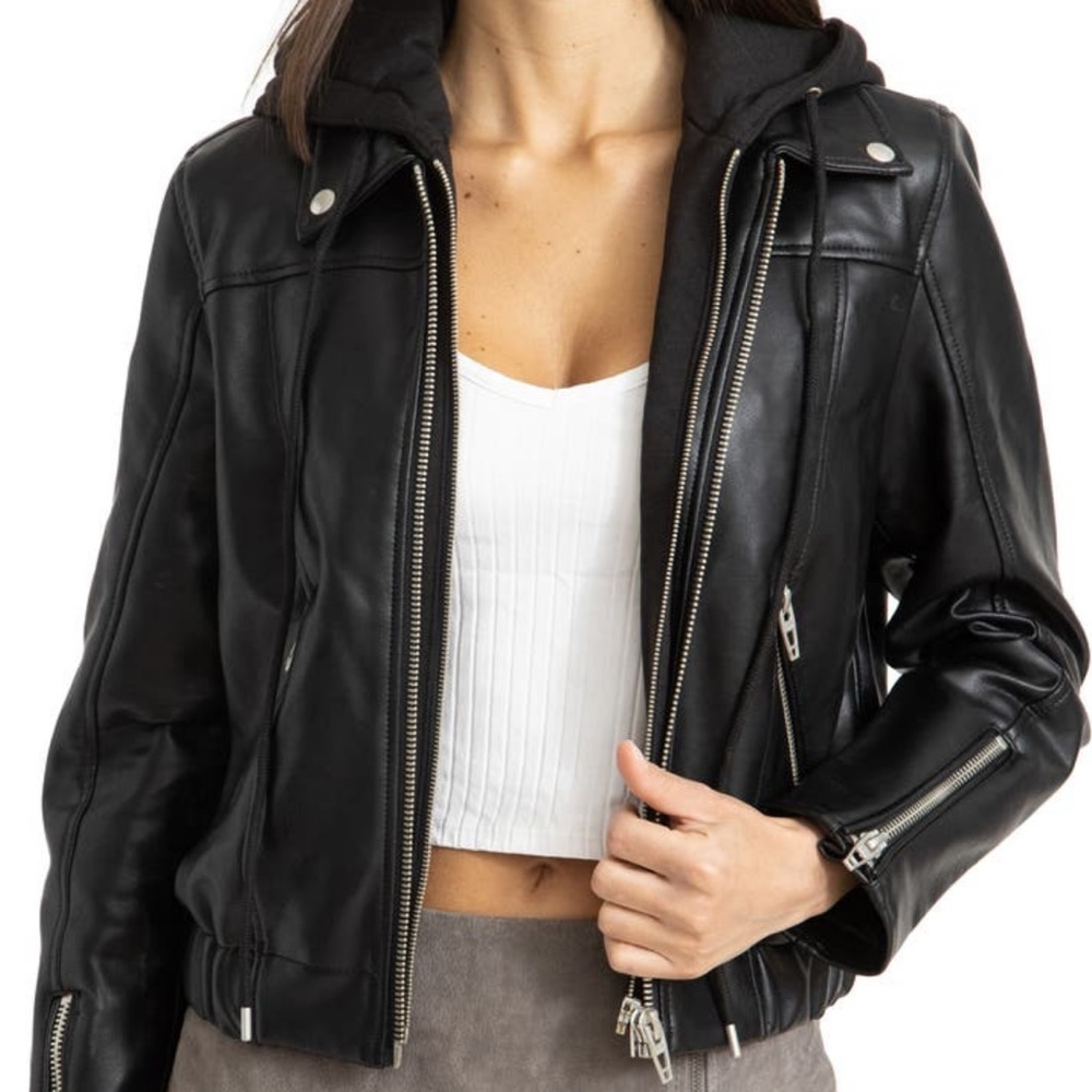Blank NYC Black Faux Leather Moto Bomber Jacket with Removable Hood, Medium